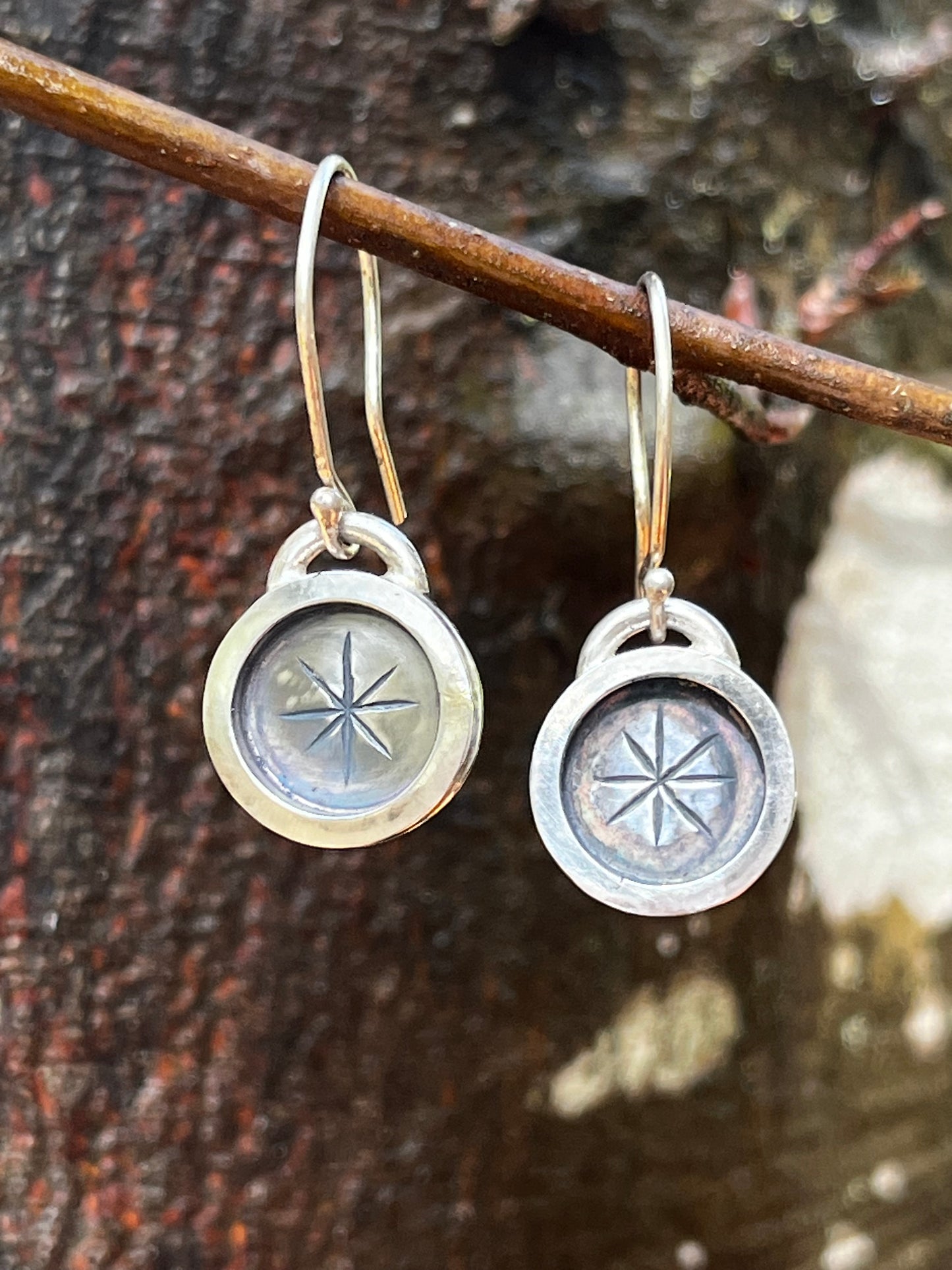 Round Sterling Silver Earrings-Stamped Star Designs