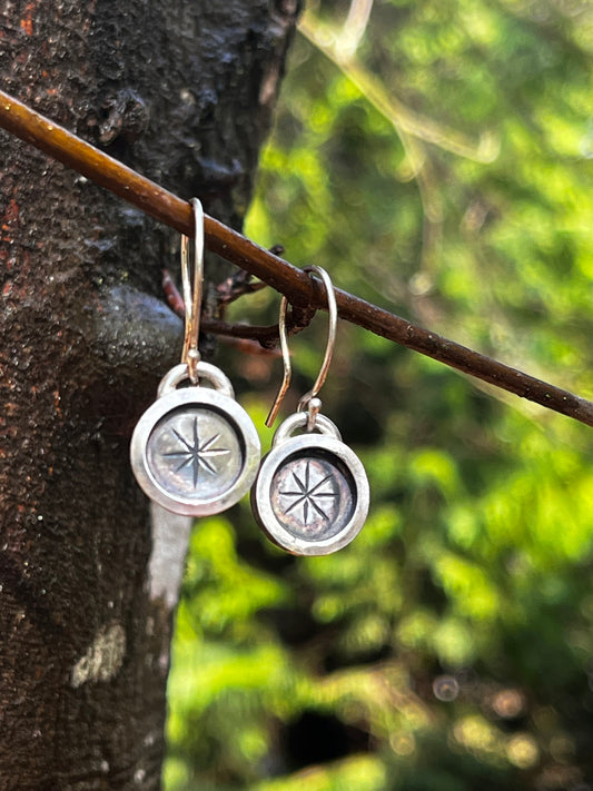 Round Sterling Silver Earrings-Stamped Star Designs